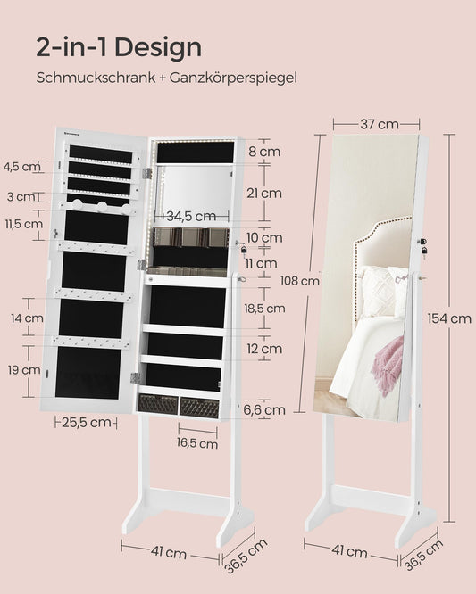 SONGMICS Jewelry Cabinet, Mirrored Cabinet with Frameless Full-Length Mirror, LED Lighting, Inner Mirror, 2 Drawers, Lockable, Cloud White JJC023W01
