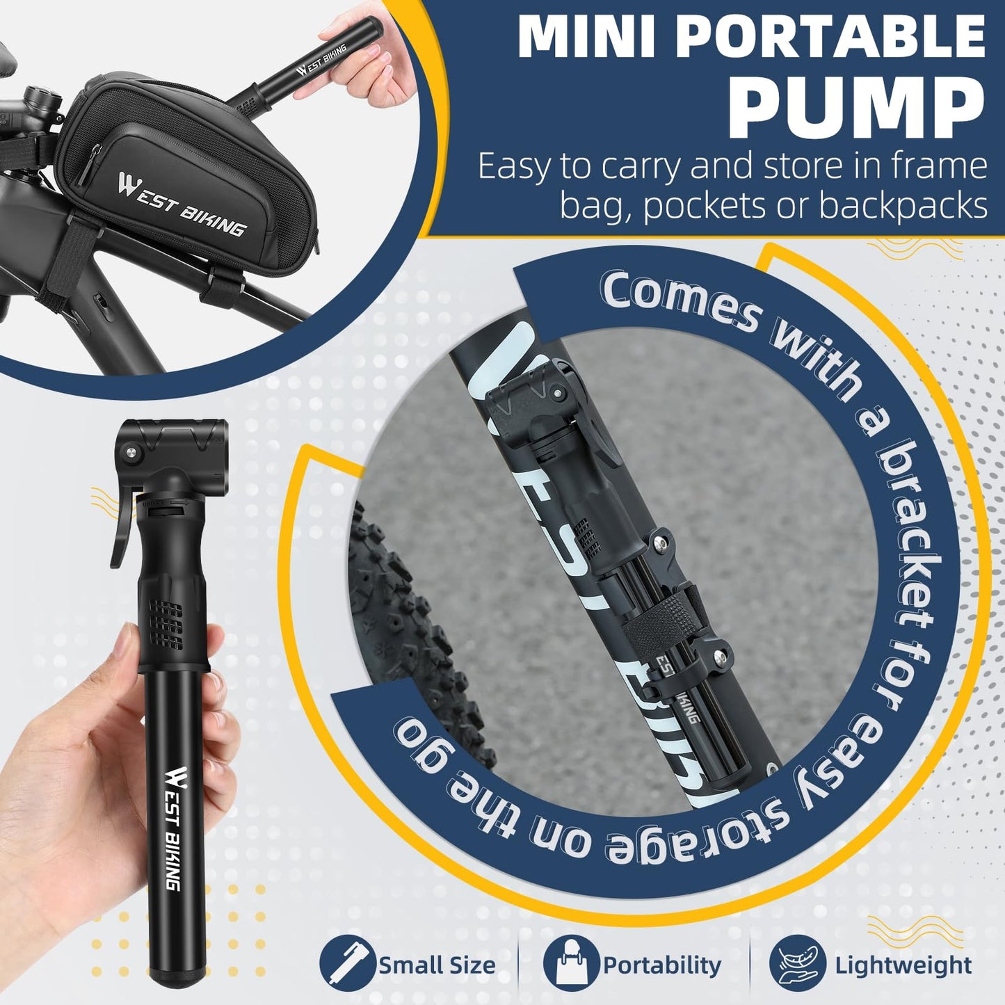 West Biking Mini Bike Pump - Aluminum Bicycle Air Pump for all valves, portable small bike pump, quick tire inflation. Lightweight mini bike pump for MTB road bike ball pump.