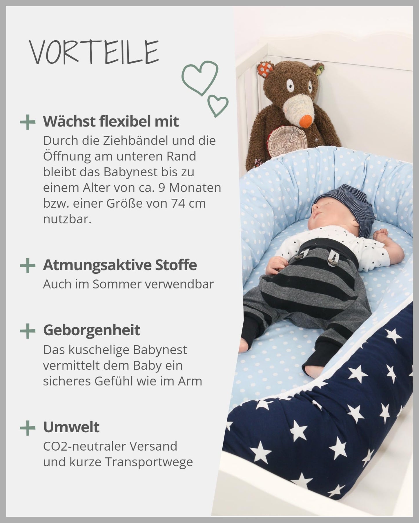 ULLENBOOM Baby nest - 100% OEKO-TEX materials & Made in EU, Blue Light blue - Baby nest for newborns made of cuddly cotton, Ideal as a travel bed & cuddle nest.