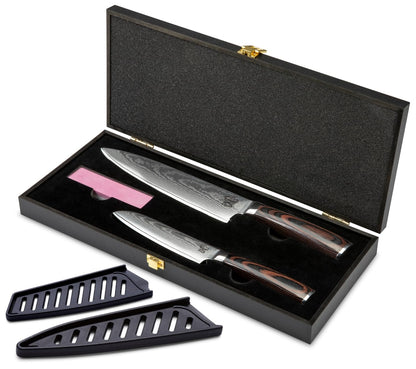 ZEUS Damascus Knife Set 2 pieces (32 cm and 24 cm) Professional Damascus kitchen knives made of authentic 67-layer Damascus steel I with chef's knife, Santoku knife, Pakka wood handle, and sharpening stone.