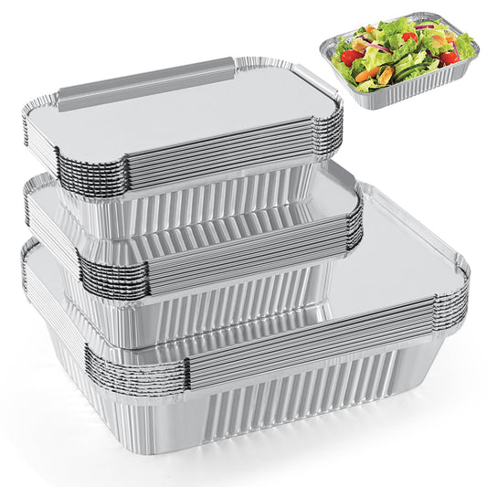 30pcs Aluminum Foil Grill Pans, Grilling Trays Aluminum 1750ml/700ml/410ml, Disposable Aluminum Pans With Lids, Reusable Aluminum Grill Pans For Cooking (Silver-255-30pcs/with lids)