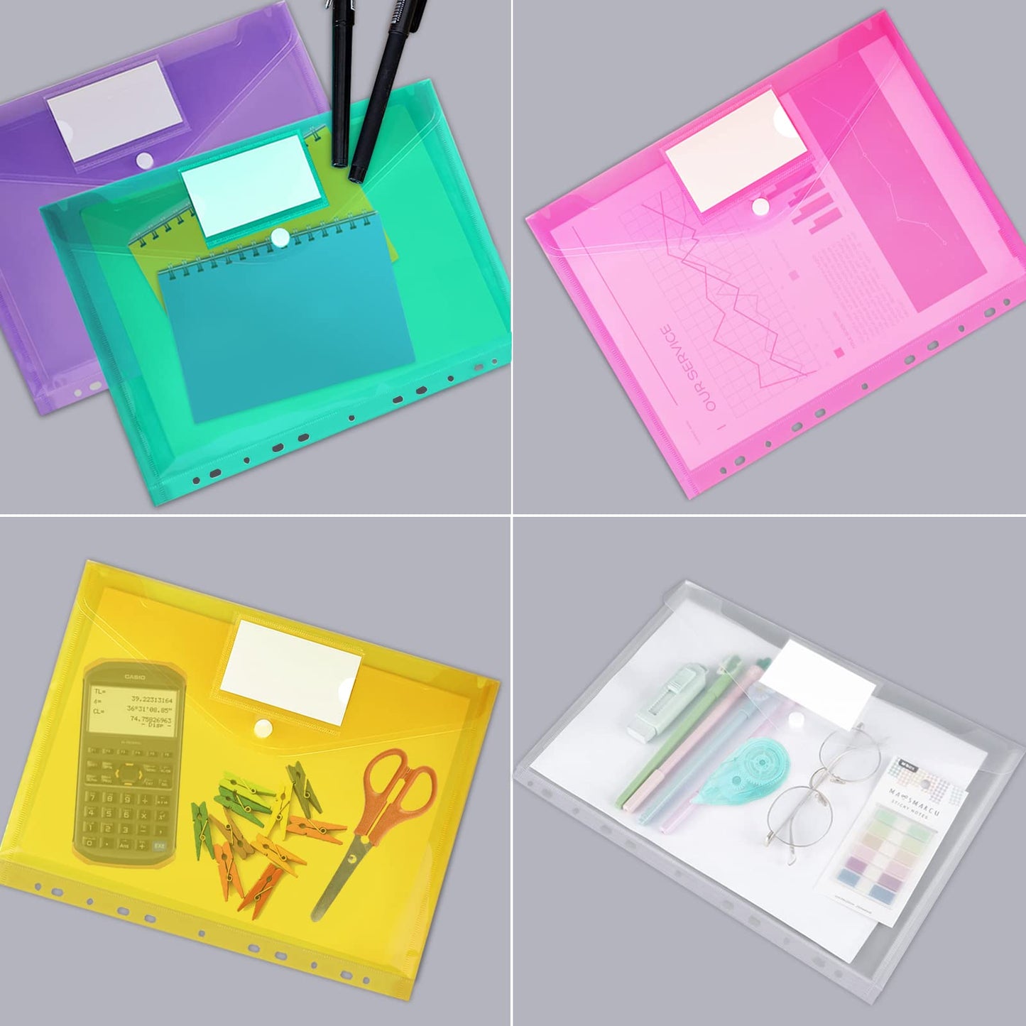 Document Folder A4 - Pack of 30, Transparent Folders with 11-hole edge and label pocket, Clear Sleeve for Documents (6 Colors)