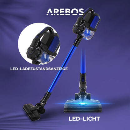 Arebos cordless handheld vacuum | 2-in-1 hand and floor vacuum | 2 powerful suction modes | Bagless | Up to 55 minutes cordless | with wall charging station | Blue