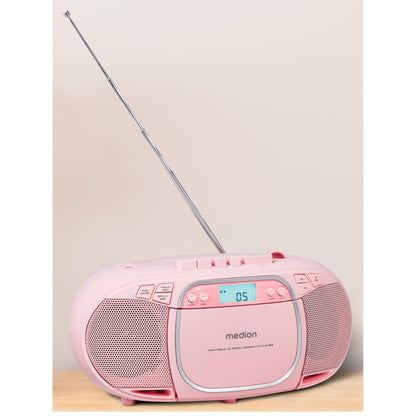 MEDION E66476 Stereo Sound System (Boombox, CD player, MP3, cassette, portable cassette player for kids, FM radio, AUX, headphones, mains & battery operation) Pink