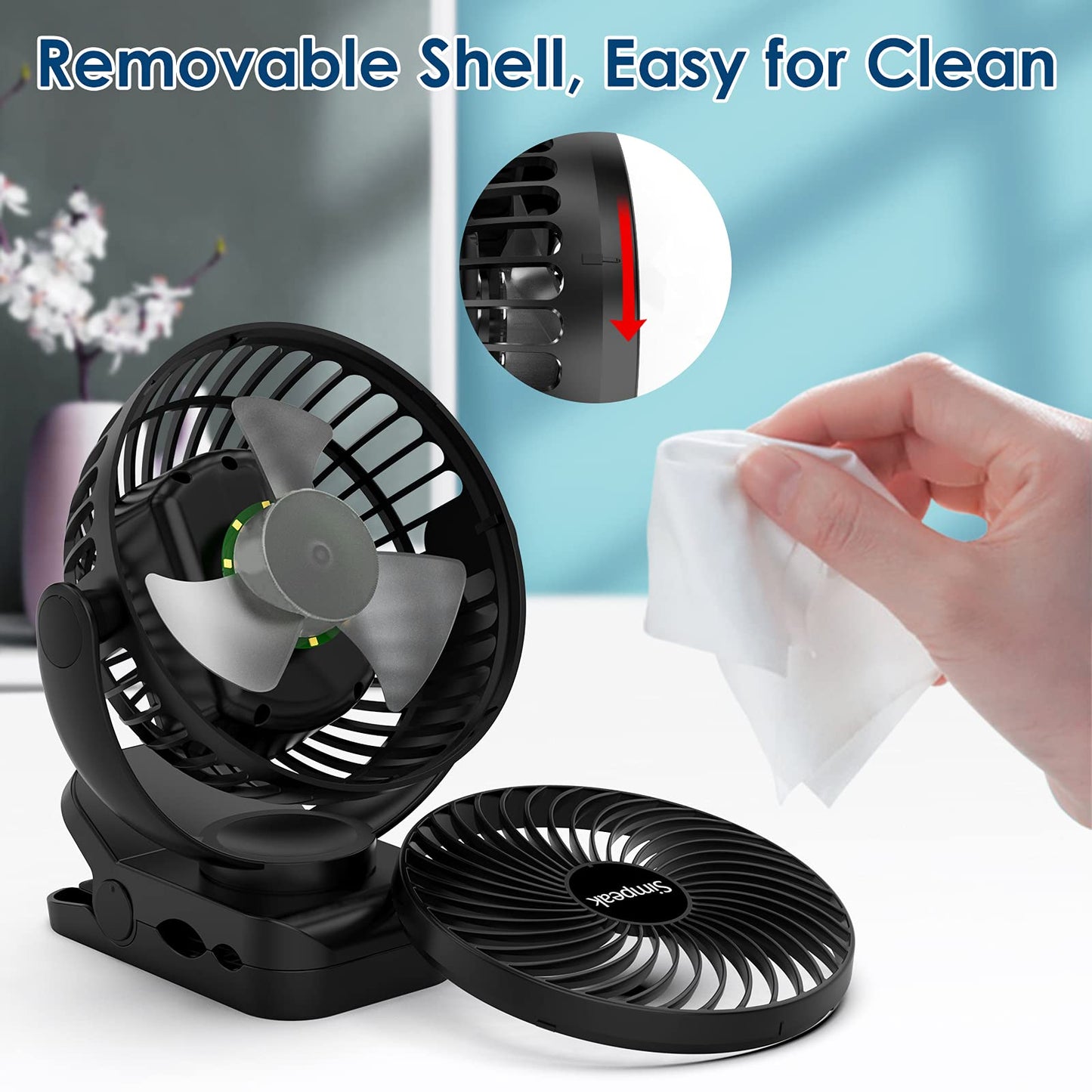 Simpeak 8000mAh Camping Fan Desk Fan, Mini USB Fan Quiet, Clip Fan with Remote Control and LED Light [3 Speed] [720° Rotation] - Black