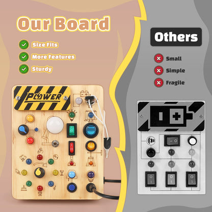 Baby Montessori Busy Board for 2 years and up, motor skills toy with 19 LEDs, activity board wooden toy educational sensory toy, gift for boys and girls aged 2, 3, 4 years.