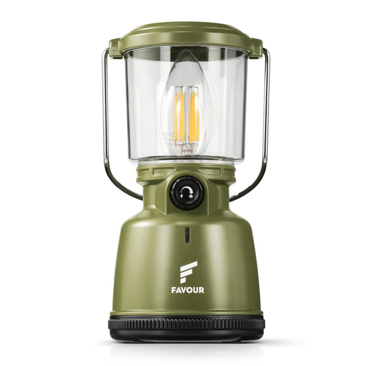 Favour Retro LED Lantern Outdoor | Bright camping lamp, dimmable, candlelight mode | LED lamp rechargeable battery, IP64 waterproof, shockproof | Hanging lamp tent, removable shade, green incl. battery