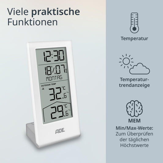 ADE digital radio controlled clock with temperature display and outdoor sensor | Thermometer for indoor and outdoor temperature | Trend indication | table clock with date and day of the week | including batteries | white
