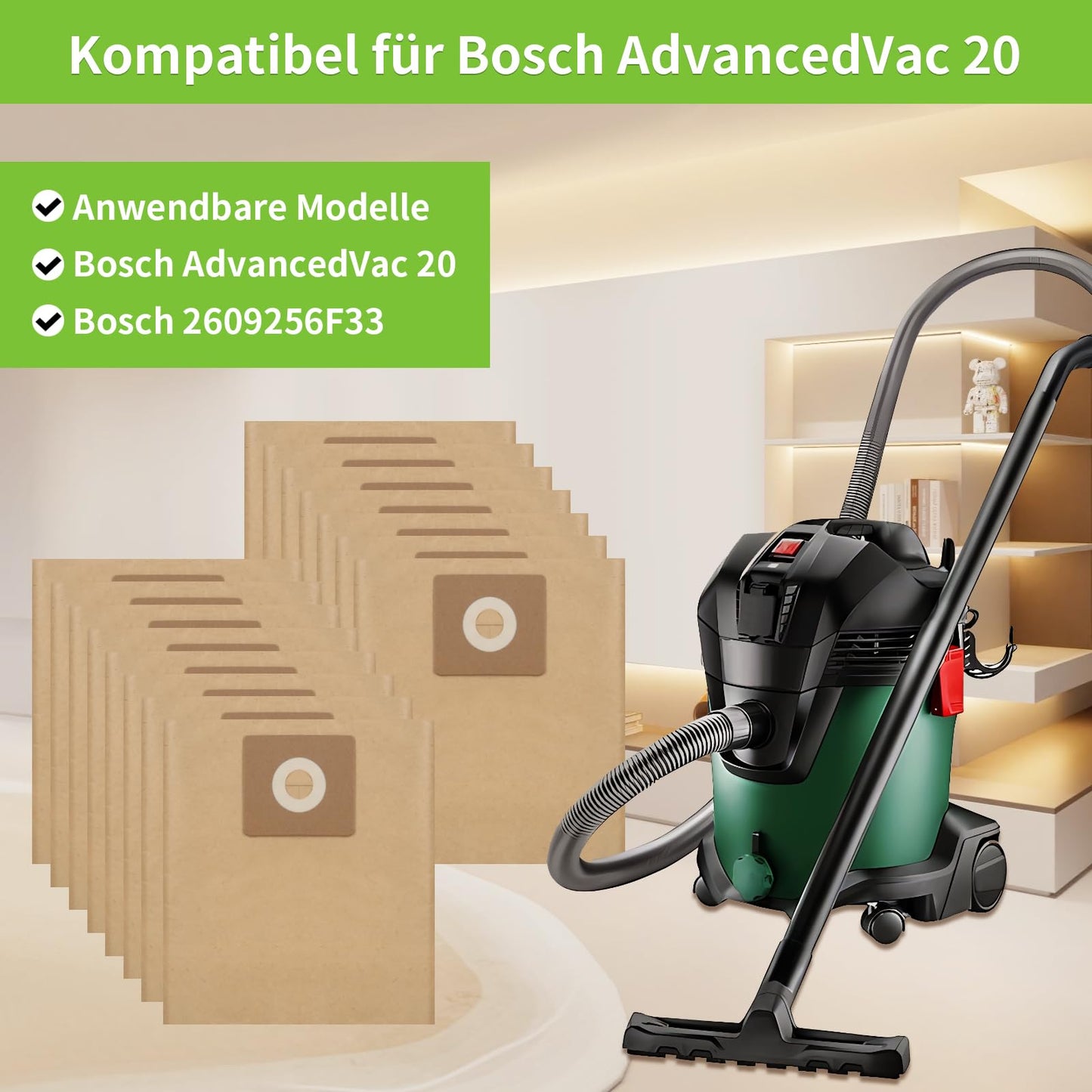 15 paper filter bags for Bosch Advancedvac 20 accessories bag