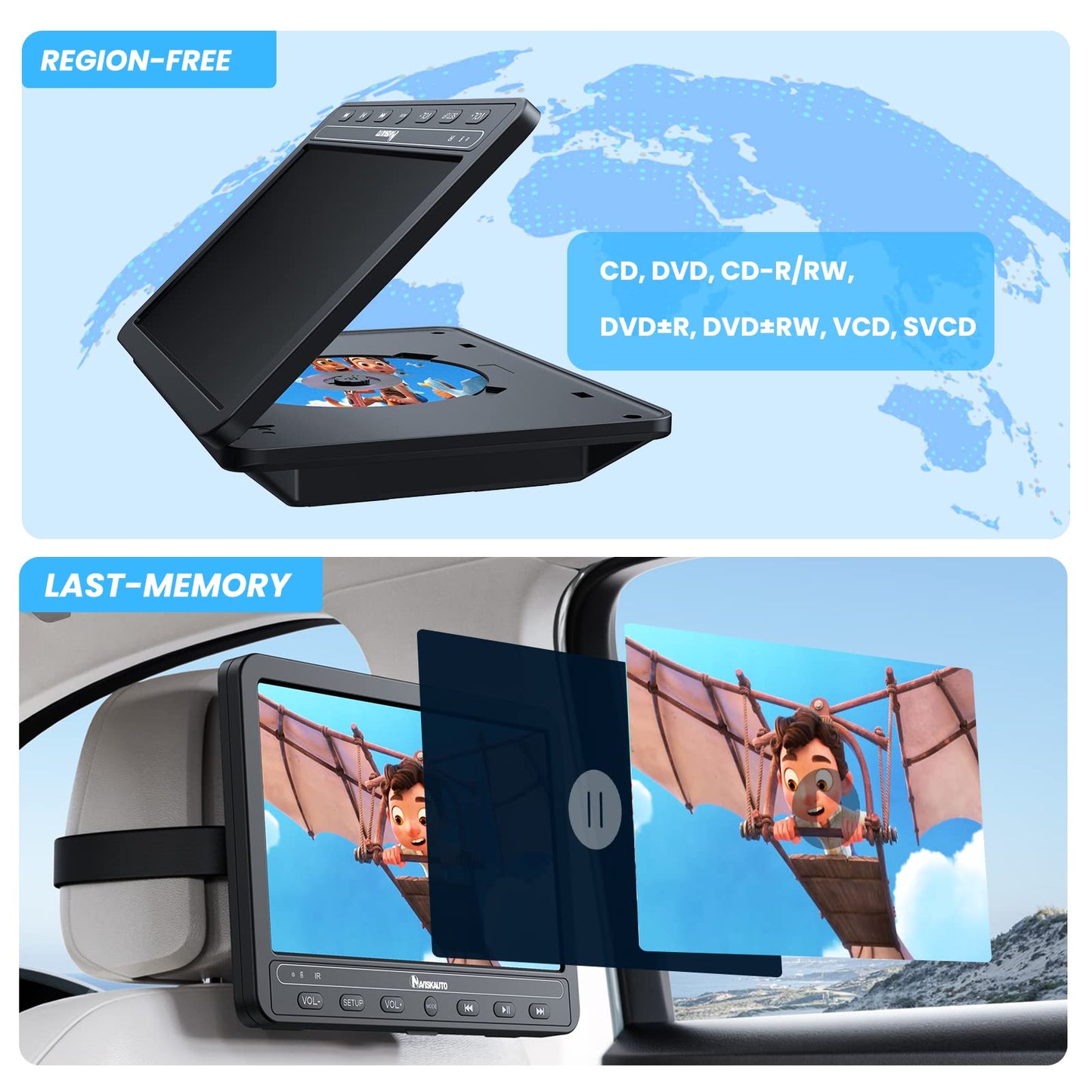 NAVISKAUTO 10.5'' Car DVD Player with 2 Screens, 2 Headphones, 5 Hour Battery, Car DVD Player with 2 Monitors, Headrest TV for Kids, Last Memory, USB, AV In/Out, 12V.