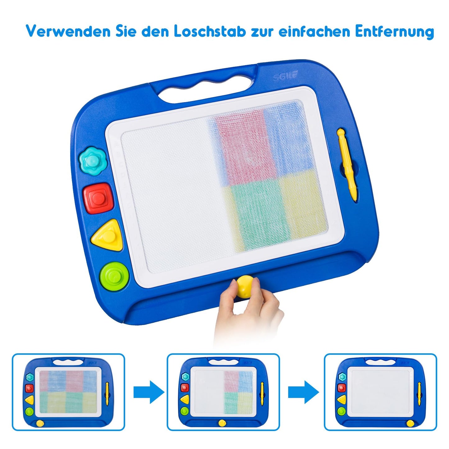 SGILE Large Magnetic Drawing Board, 42x32cm Doodle Board Magic Drawing Board Sketch Pad with 4 Shape Stamps for Kids 3+ Gift, Blue