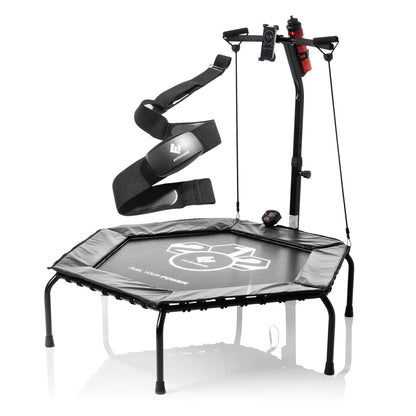 FitEngine Fitness Trampoline Smart + Heart Rate Monitor Set | Trampoline with 5-level adjustable handle | Pulse measurement during endurance & cardio training with Bluetooth function