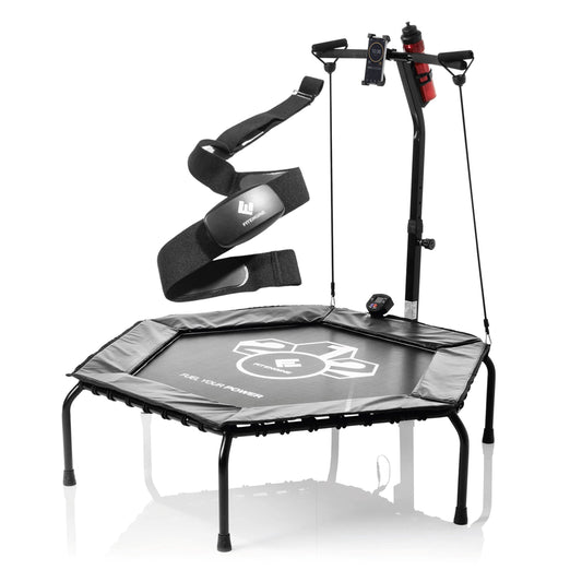 FitEngine Fitness Trampoline Smart + Heart Rate Monitor Set | Trampoline with 5-level adjustable handle | Pulse measurement during endurance & cardio training with Bluetooth function