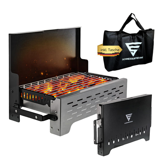 SCHNEIDERFREUDE Premium folding grill with bag: DEKRA-certified camping grill for true grill fans - Designed in Germany for the ultimate outdoor experience.