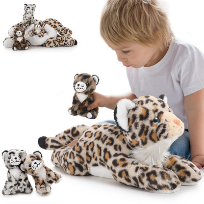 MorisMos 45cm Giant Leopard Stuffed Animal XXL with 3 plush babies in the belly, large lying plush cheetah Leopard XXL, Fluffy plush toy leopard teddy gift for kids