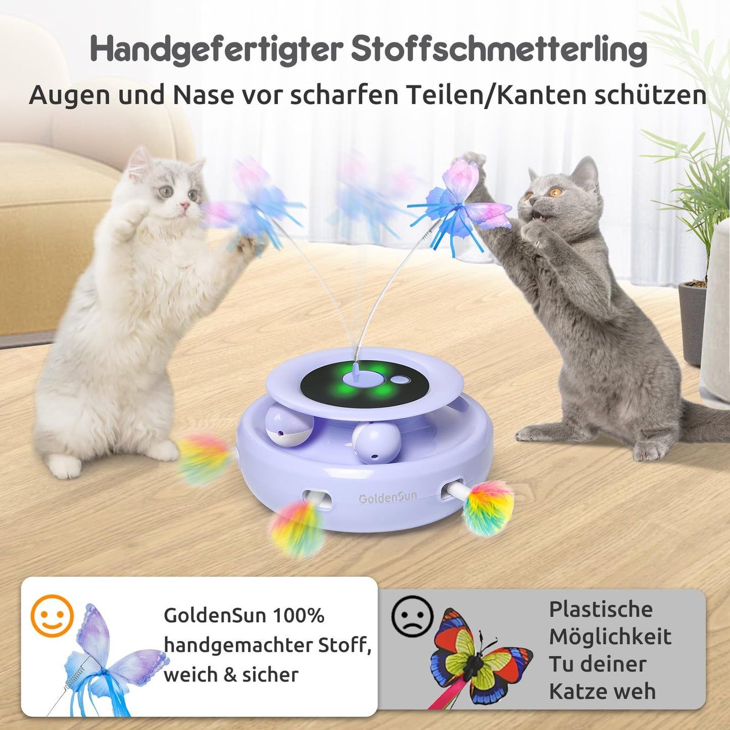 GoldenSun 3 in 1 Interactive Cat Toy, Electric Automatic Cat Toy, Whack-A-Mole, Fluttering Butterfly, includes Ball, USB Rechargeable Cat Teaser with 6 Attachments.