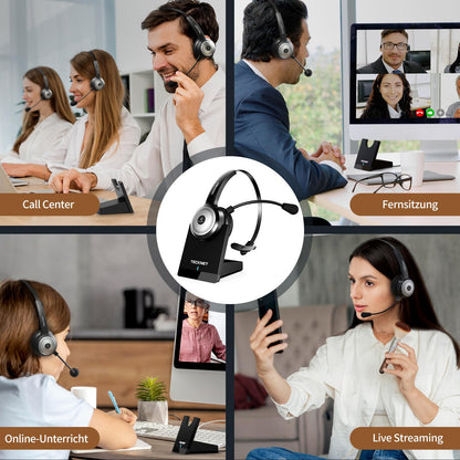 TECKNET Bluetooth PC headset with microphone & USB dongle [45 hr call time & 10M range] wireless headset with charging dock, AI noise cancelling for business, office, home office.