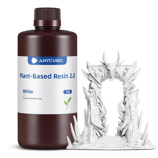 ANYCUBIC Plant Based Resin 2.0, Low odor 3D printer resin, Improved toughness, Flexural strength, Not easy to break, UV photopolymer resin for 405nm LCD 3D printers, White 1000g.
