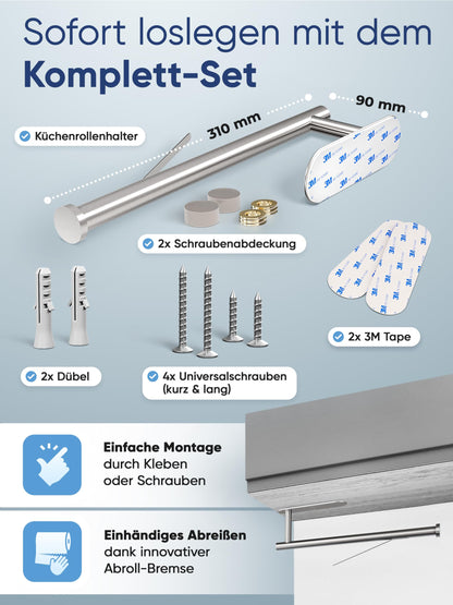 WOHNHELD® Kitchen Roll Holder without drilling | With roll brake | Extremely stable | Zewa roll holder wall self-adhesive stainless steel silver