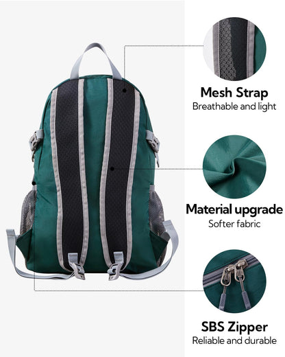 WATERFLY Ultralight Foldable Small Backpack: 20L Lightweight Packable Hiking Daypack Trekking Backpack Outdoor Athletic Backpack Travel Daypack for Men Women (Dark Green)