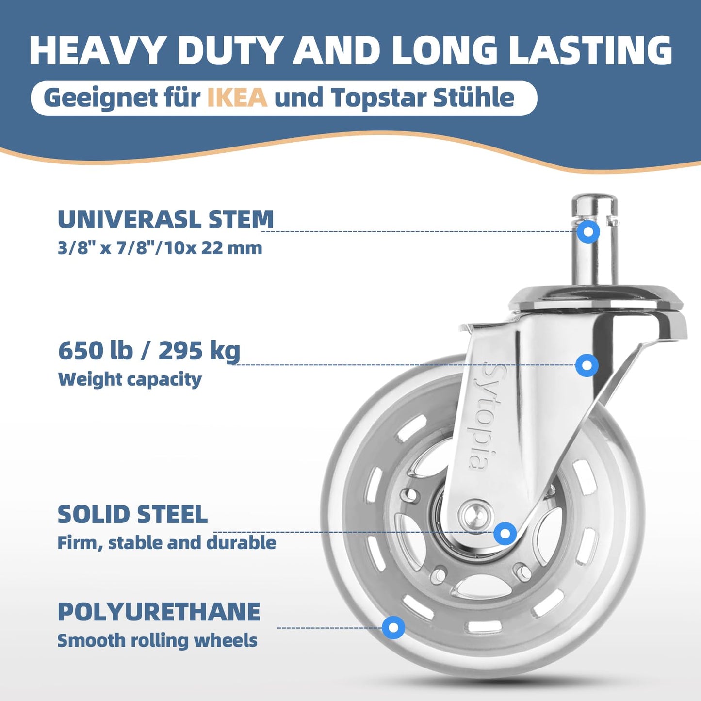 Sytopia office chair wheels 10mm, casters for office chairs 10mm x 22mm, rubber office chair casters 5-piece set for hard floors, parquet, laminate, floor protection mats, only compatible with IKEA office chairs (Silver)