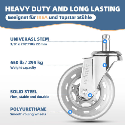 Sytopia office chair wheels 10mm, casters for office chairs 10mm x 22mm, rubber office chair casters 5-piece set for hard floors, parquet, laminate, floor protection mats, only compatible with IKEA office chairs (Silver)