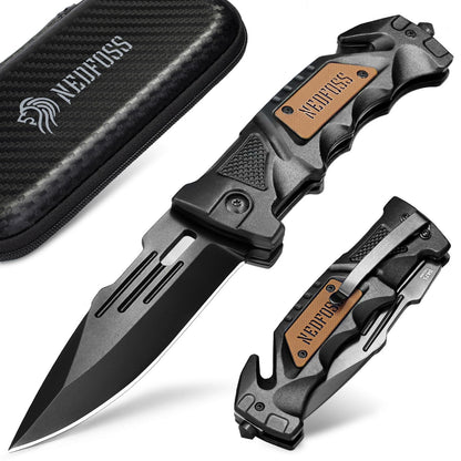 NedFoss DA75 two-hand knife, 10CM pocket knife with seatbelt cutter & glass breaker, legal folding knife with liner lock & ball bearing, survival knife outdoor, rescue knife with clip in gift box.