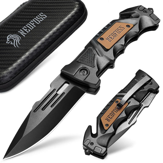 NedFoss DA75 two-hand knife, 10CM pocket knife with seatbelt cutter & glass breaker, legal folding knife with liner lock & ball bearing, survival knife outdoor, rescue knife with clip in gift box.