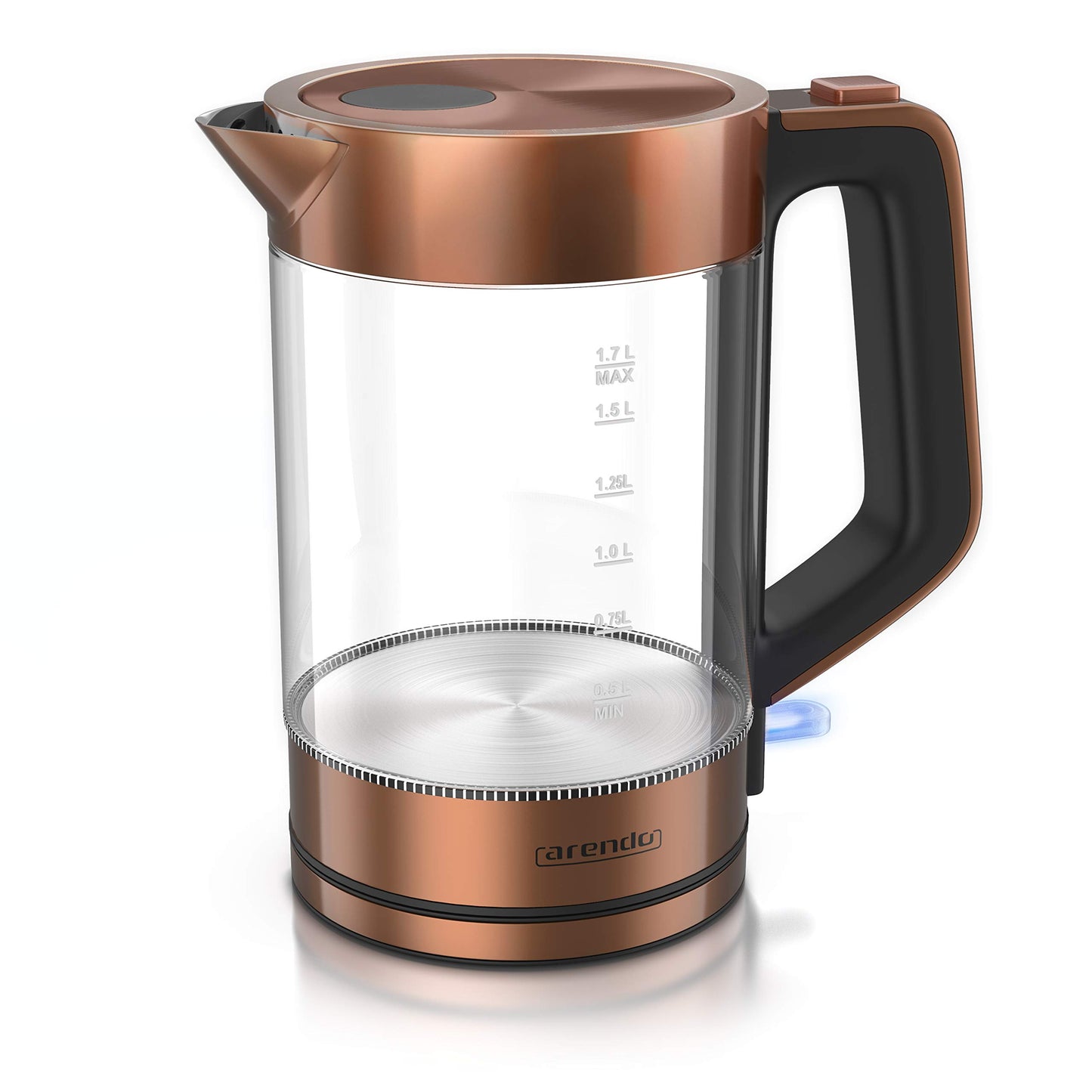 Arendo - Glass kettle stainless steel - 1.7 liters - 2200W - Cool Touch handle - One Touch closure - automatic shut-off - integrated cord storage - overheat protection - Copper design