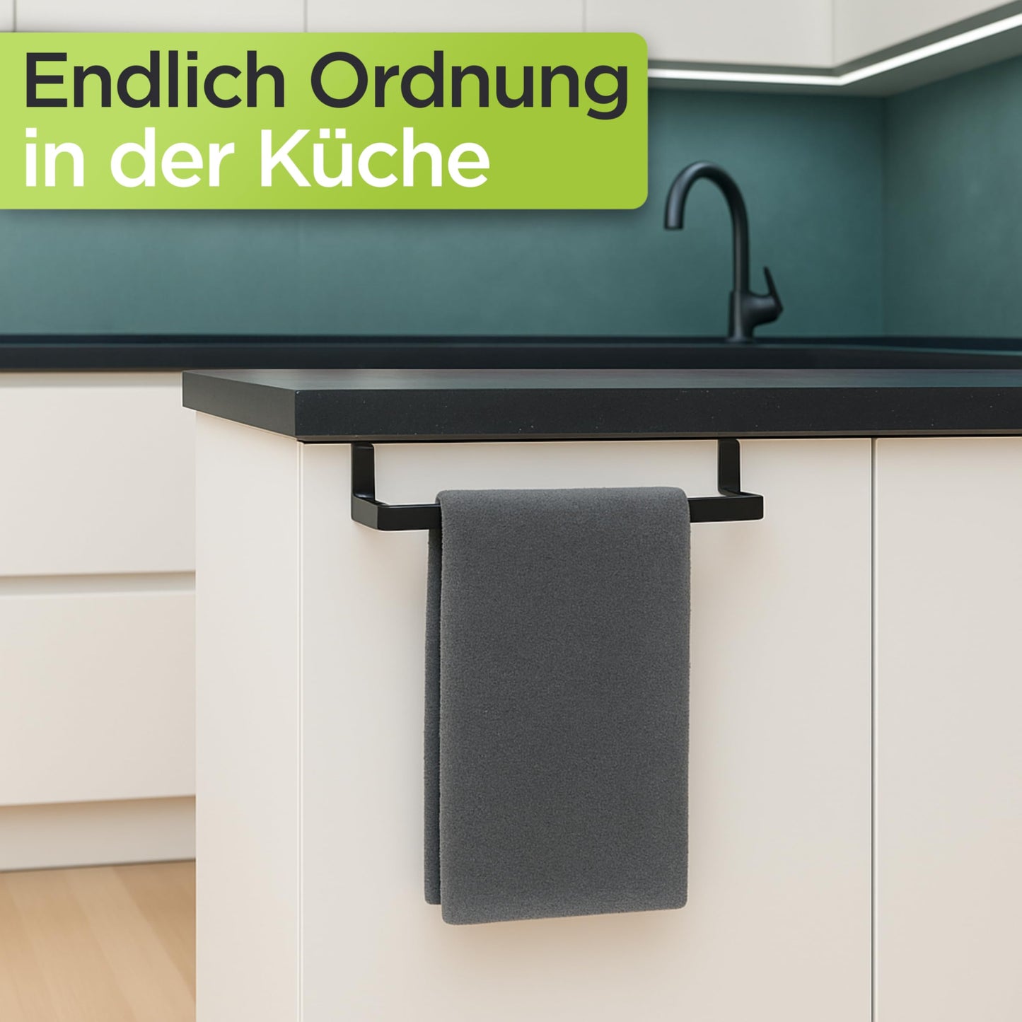 DEELIA® Dish Towel Holder Kitchen | Towel Holder for Hanging on Kitchen Cabinet without Drilling | incl. 4 Hooks | Black Stainless Steel Towel Holder
