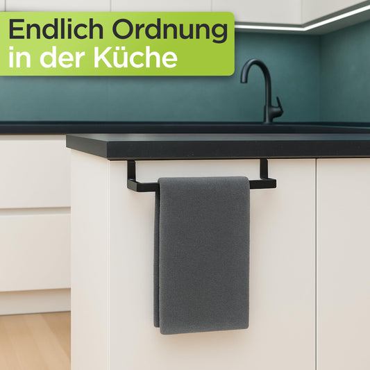 DEELIA® Dish Towel Holder Kitchen | Towel Holder for Hanging on Kitchen Cabinet without Drilling | incl. 4 Hooks | Black Stainless Steel Towel Holder