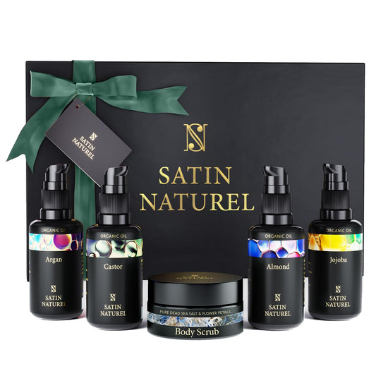 Satin Naturel pampering gift set with organic argan oil, castor oil, almond oil, jojoba oil & body scrub made from Dead Sea salt - luxury gift box natural cosmetics - gift for women