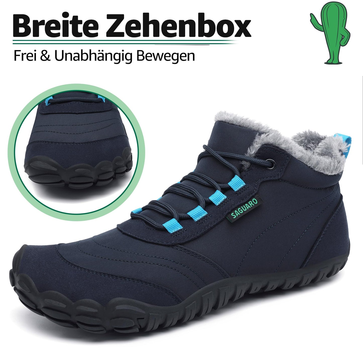 SAGUARO Winter barefoot shoes for women and men. Lined with water-resistant material. Dark blue, EU size 42. Ideal for outdoor activities in the winter.