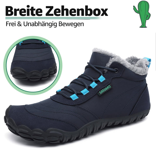 SAGUARO Winter barefoot shoes for women and men. Lined with water-resistant material. Dark blue, EU size 42. Ideal for outdoor activities in the winter.