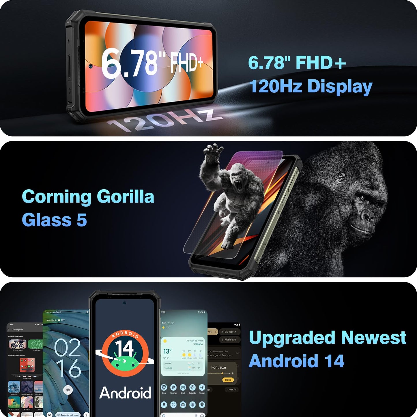 Ulefone Armor 24 outdoor phone with 1000 lumen flashlight, Android 14, 24GB+256GB/2TB SD, 64MP+64MP+16MP night vision, 120Hz 6.78" FHD+ IP68 smartphone, 4G dual SIM/NFC/fingerprint ID GPS OTG.