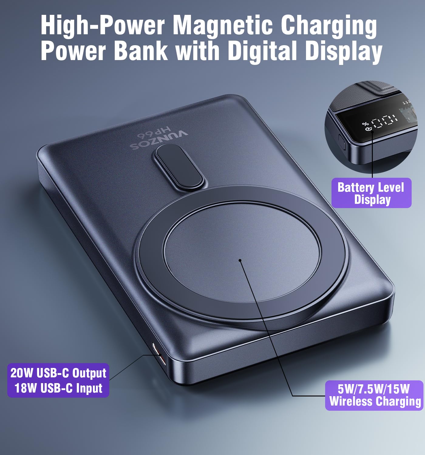Vunzo Powerbank for iPhone, For Magsafe Mobile Power Bank 12000mAh – PD20W fast charging magnetic power bank with foldable LED display for iPhone 15/14/13/12 Series For Huawei.