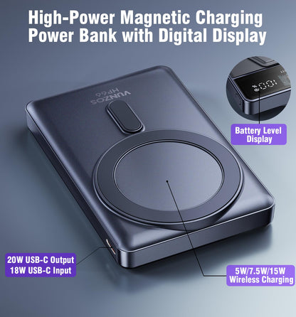 Vunzo Powerbank for iPhone, For Magsafe Mobile Power Bank 12000mAh – PD20W fast charging magnetic power bank with foldable LED display for iPhone 15/14/13/12 Series For Huawei.