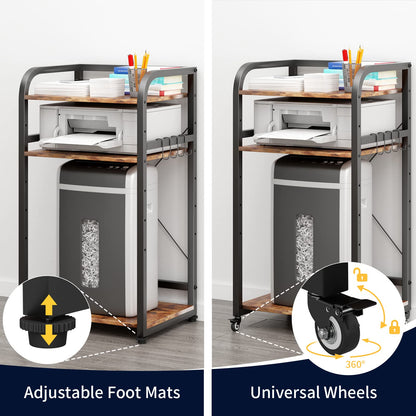 DAWNYIELD 3-tier printer stand with wheels fax shredder, computer shelf adjustable height rolling storage rack for home office with 4 hooks (Vintage)