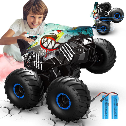 Remote control car, 1/16 monster truck with stomp and 360° rotation, Shark monster truck remote controlled with spray, lights, music, 15KM/H RC monster truck with 40MIN playtime, gift for 3 6 8 10 year old boys.