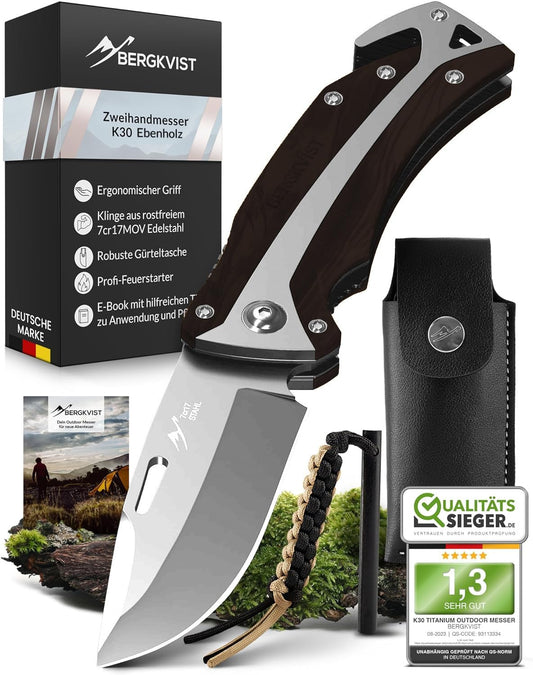 BERGKVIST® K30 Folding Knife (Two-Hand Knife) - Carry allowed in Germany - 3-in-1 pocket knife for outdoor, camping & survival with firesteel & belt pouch - Handle made of ebony