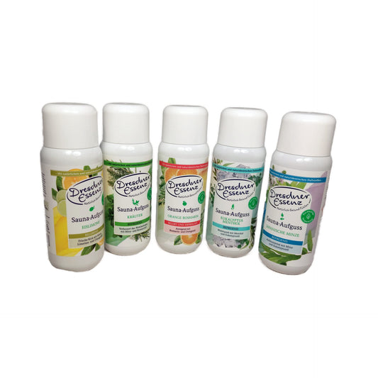 5 piece sauna infusion set: orange/rosemary, eucalyptus/menthol, ice lemon, herbal, and Japanese mint.