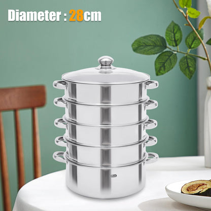 Steamer pot, 5-tier stackable stainless steel steamer pan with glass lid, diameter 26/28/30cm (28cm)