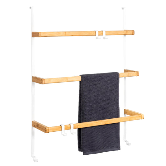 eluno Door Hanging Shelf made of metal and bamboo, door towel holder with 3 towel bars, 4 practical hooks, for hanging without drilling (White)