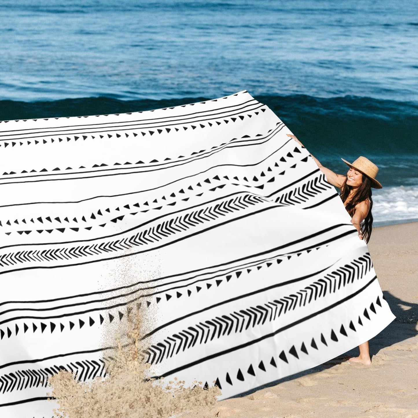 Jopee picnic blanket 280 x 300cm, waterproof sand free beach blanket for 4-8 people with 4 ground stakes, lightweight and portable outdoor blanket, beach mat for beach, hiking, traveling, camping - geometric