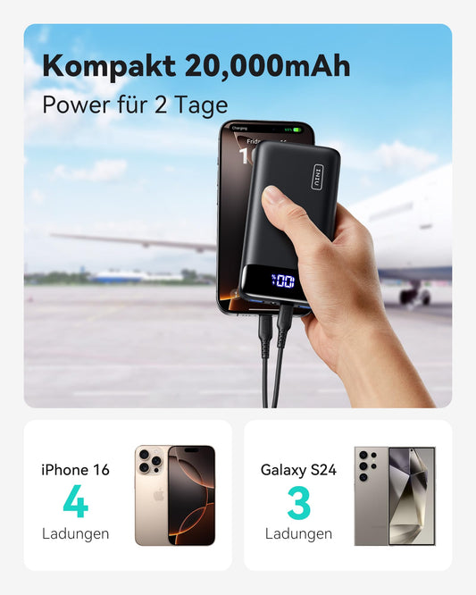 INIU Power Bank, 20000mAh 22.5W Mini Fast Charging Portable Charger 1 USB-C, 2 USB-A External Battery Packs LED Display, Battery Pack for iPhone 17 16 15 14 13 Xiaomi Samsung iPad Travel Camping Outdoor