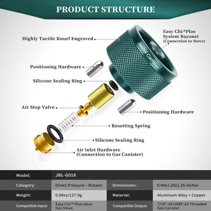 Jeebel Camp gas cooker adapter for Easy Clic® Plus system. Converts CV bayonet connection to Type MSF-1a connection or Lindal valve connection (Lindal valve connection).