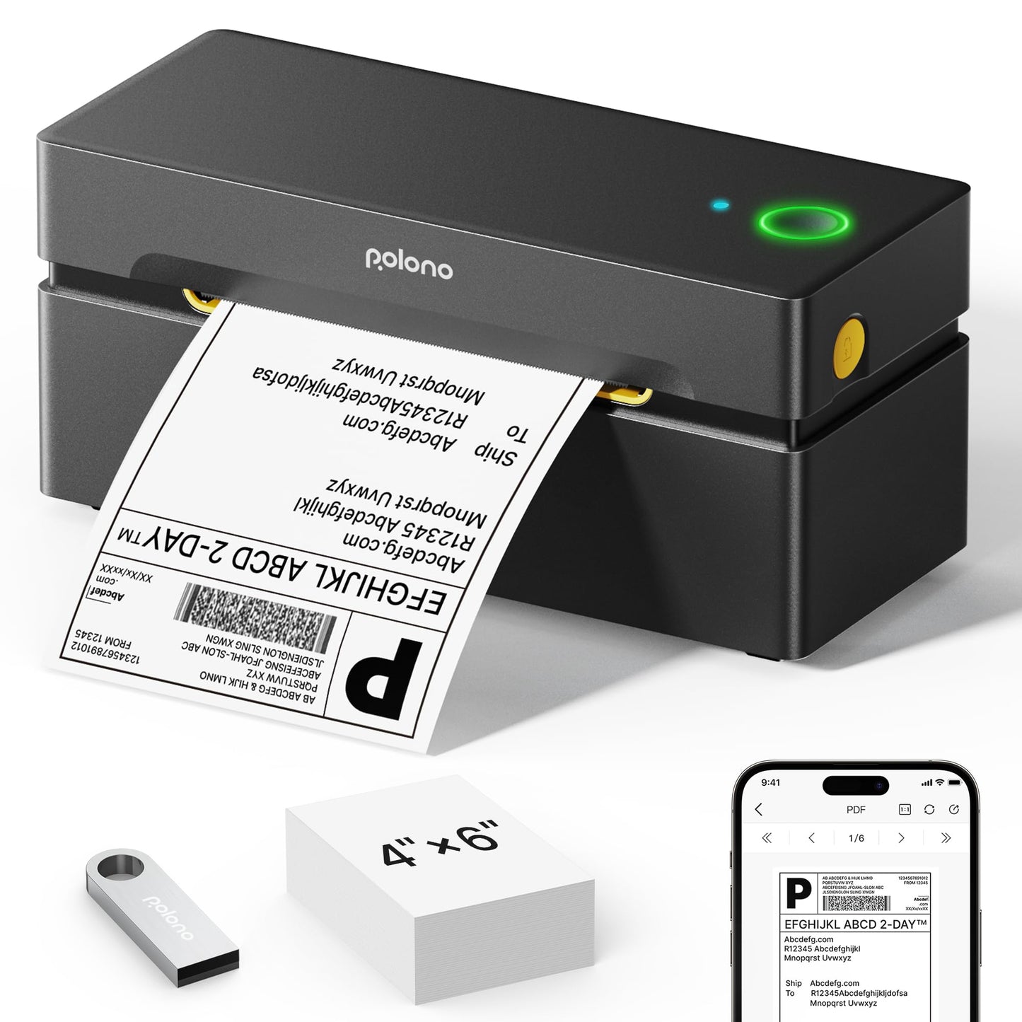 POLONO Bluetooth Label Printer, Labeling Machine 4x6 DHL label printer, Label Printer for iOS, Android, Windows and Mac, Compatible with Amazon, Ebay, Shopify, Etsy, USPS (black)