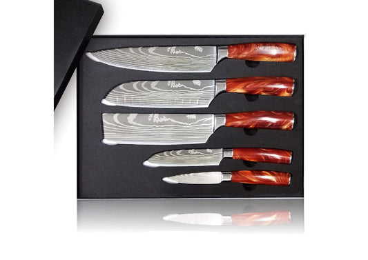 Flint kitchen knife set 5 pieces, extremely sharp cooking knives made of high quality stainless steel, professional knife set with ergonomic resin handle in gift box.