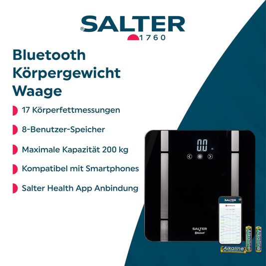 Salter SA00432FEU6 Bluetooth bathroom scale - body weight scale with max. capacity 200 kg, scale with 8-user memory, connect via Salter Health App to track health and fitness.