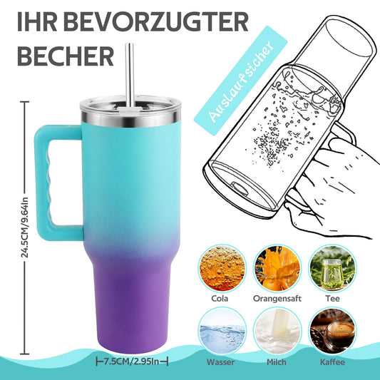 PRAOAHEI 40oz/1180 ML thermos cup with straw and handle, coffee mug to go, leak-proof drinking cup with lid, double-walled stainless steel cold hot vacuum cup, thermo blue purple.